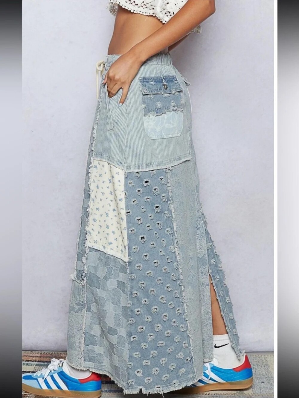 POL “Indigo Patches Maxi” Long Maxi Denim Light Blue Patchwork Skirt - Women S - Picture 10 of 13
